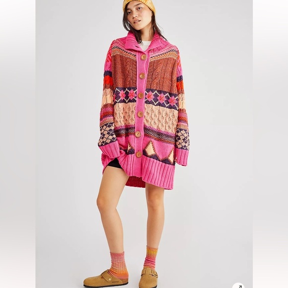 Free People Argyle Smile Cardigan Women XS Oversized Cozy Cable Knit Argyle Soft - Picture 1 of 13